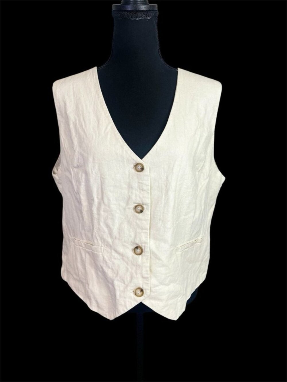 Tahari Womens Linen Viscose Blend Coastal Button-Front Vest Sz XL White Pockets